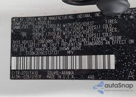 2012 Toyota Highlander Base V6 z USA, uszkodzony, nr VIN 5TDBK3EHXCS137337